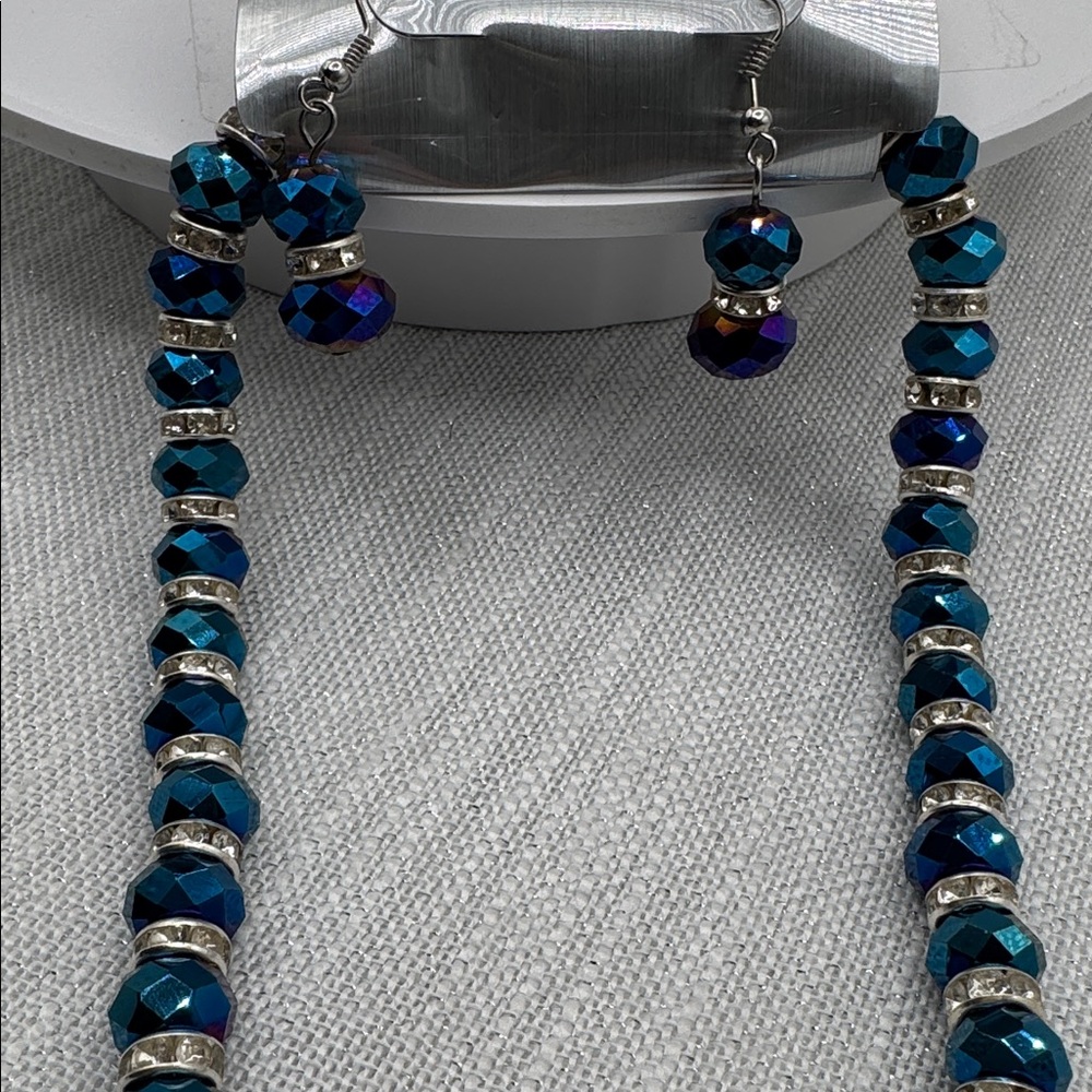 necklace & earring set clear rhinestone spacers blue beads magnetic clothes NEW - Picture 2 of 7